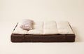 Foldable mattress with brown frame and white cushion on a light background