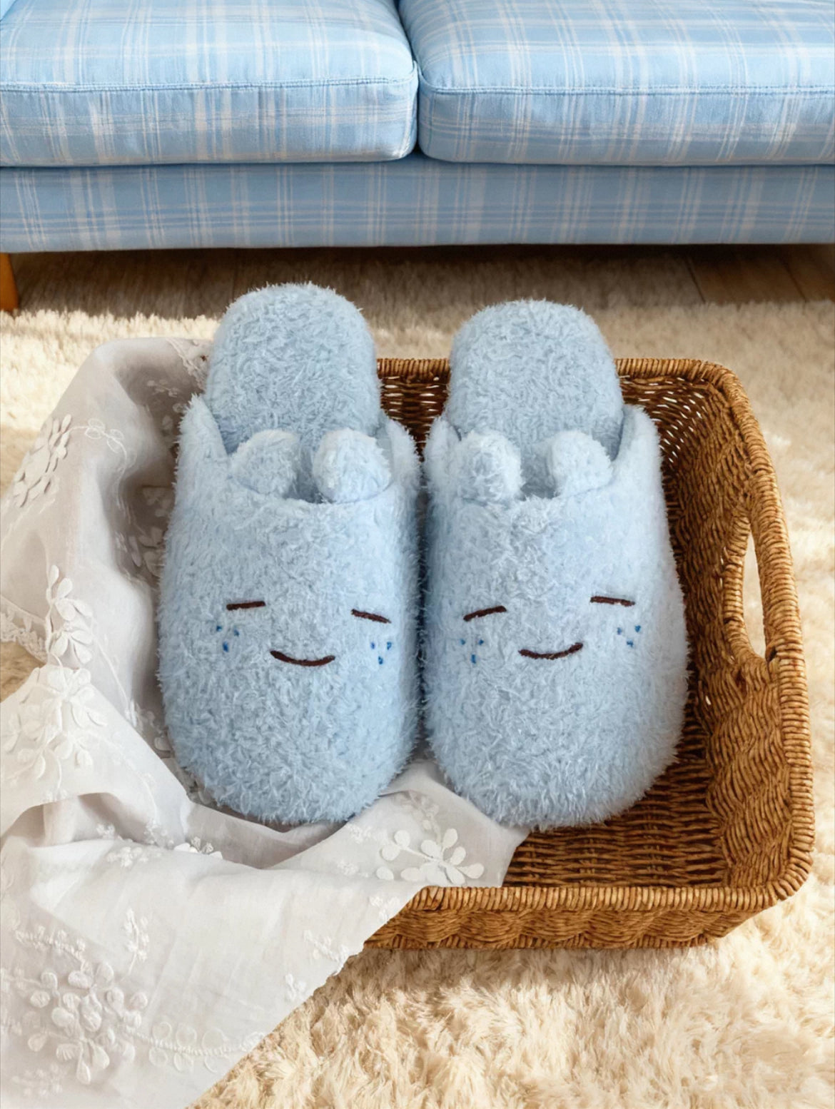 Blue Bunny Tear Fluffy Slippers