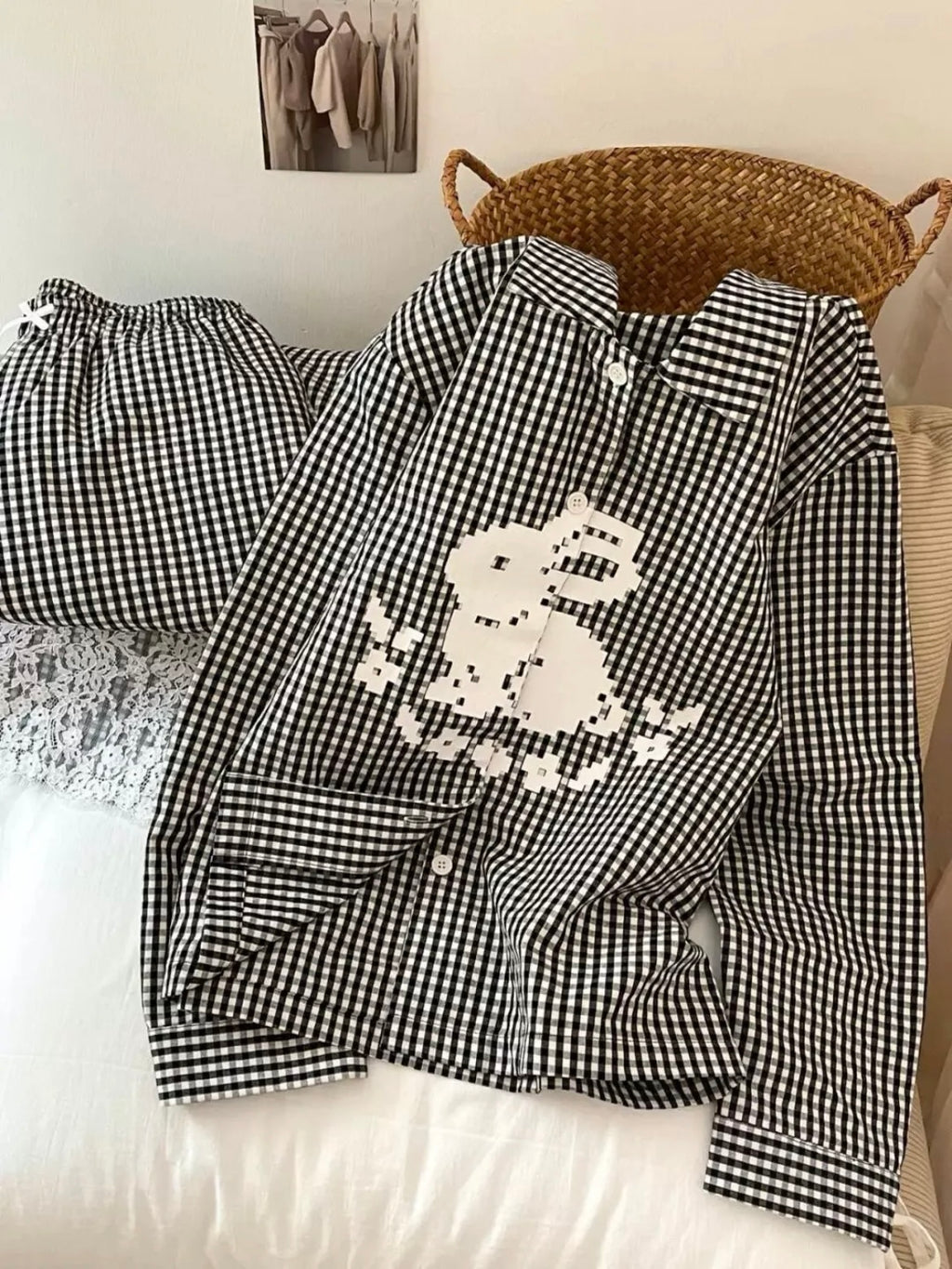 Black&White Checkered Rabbit Print Pajama Set