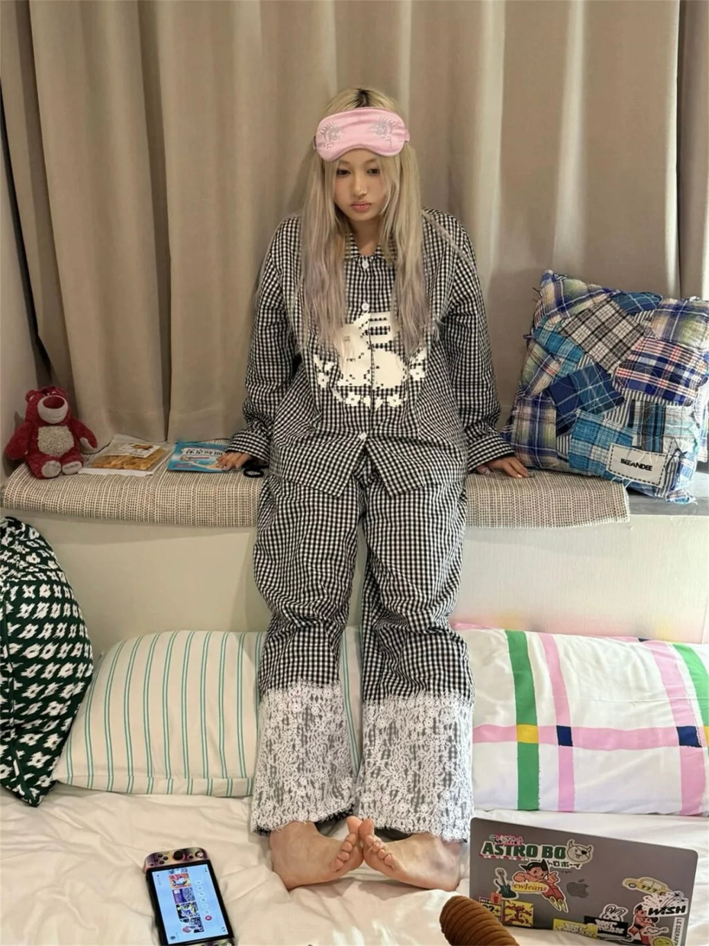 Black&White Checkered Rabbit Print Pajama Set