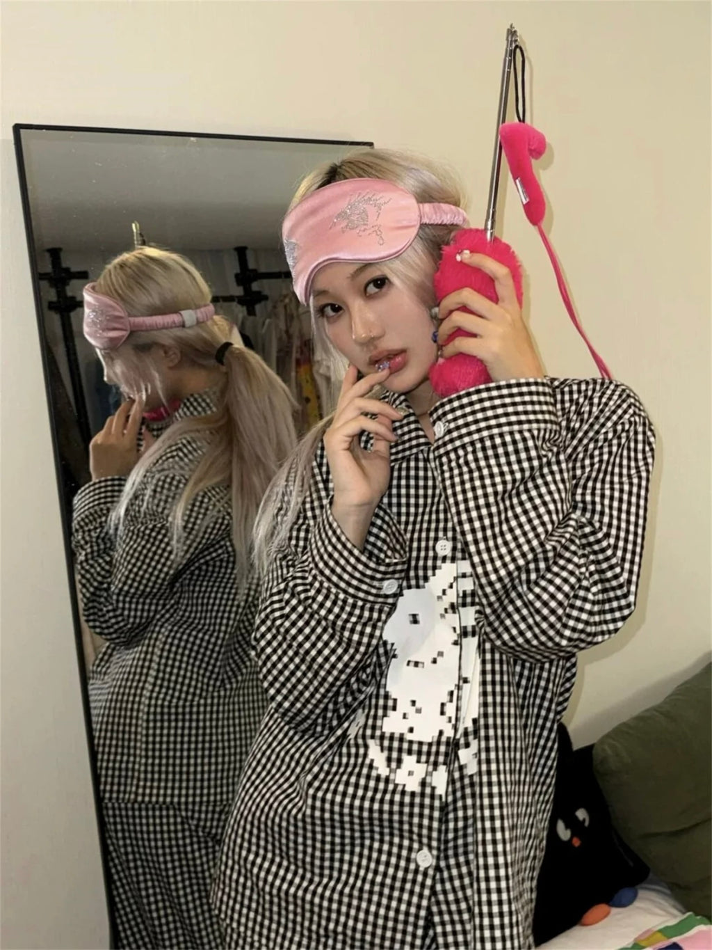 Black&White Checkered Rabbit Print Pajama Set