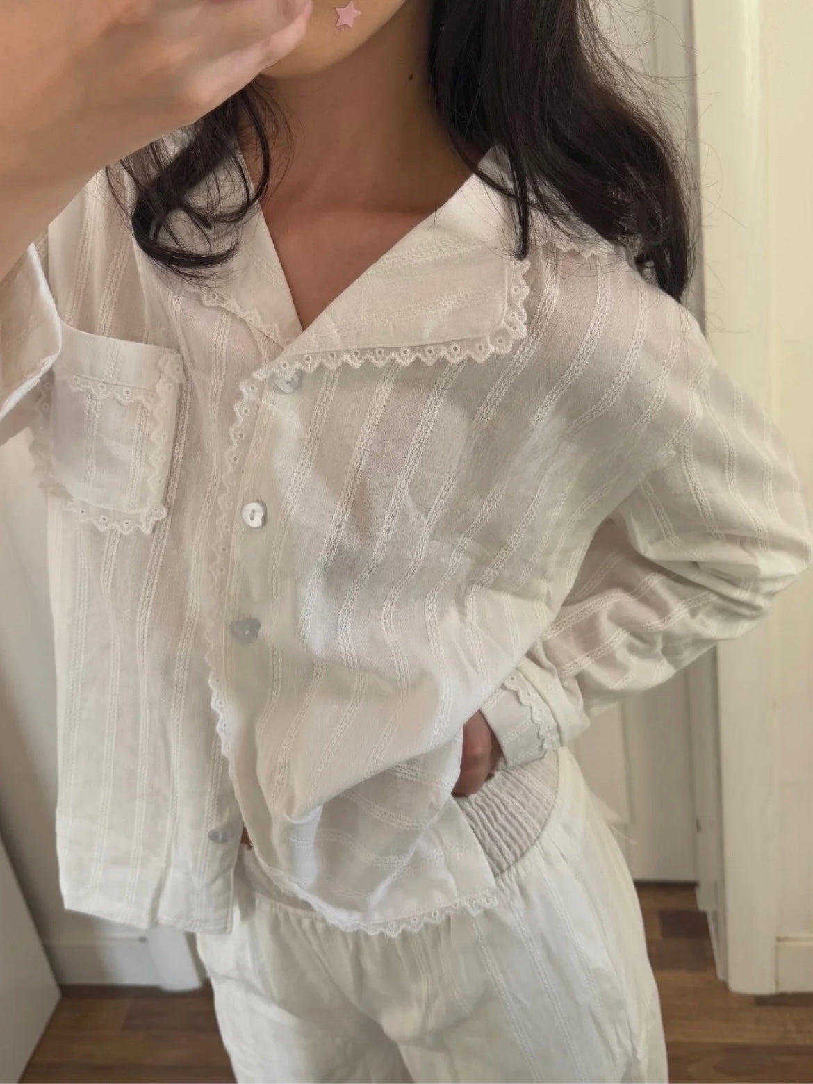 White Floral Patter Cotton Long-sleeved Pajama Set