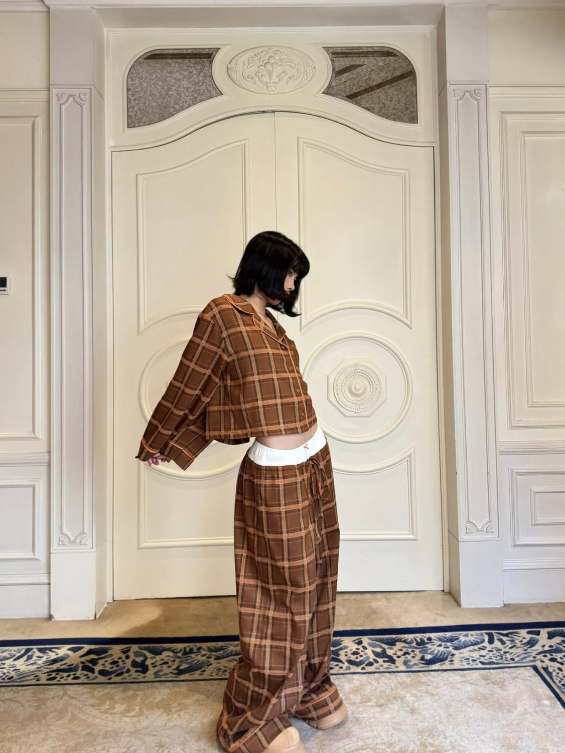 Retro Brown Checkered Pyjama Set