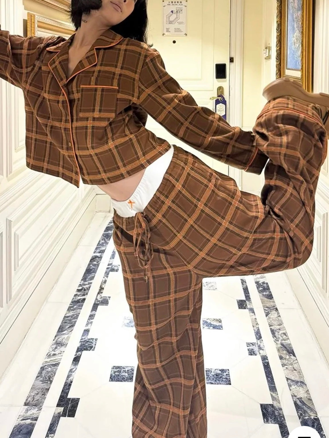 Retro Brown Checkered Pyjama Set