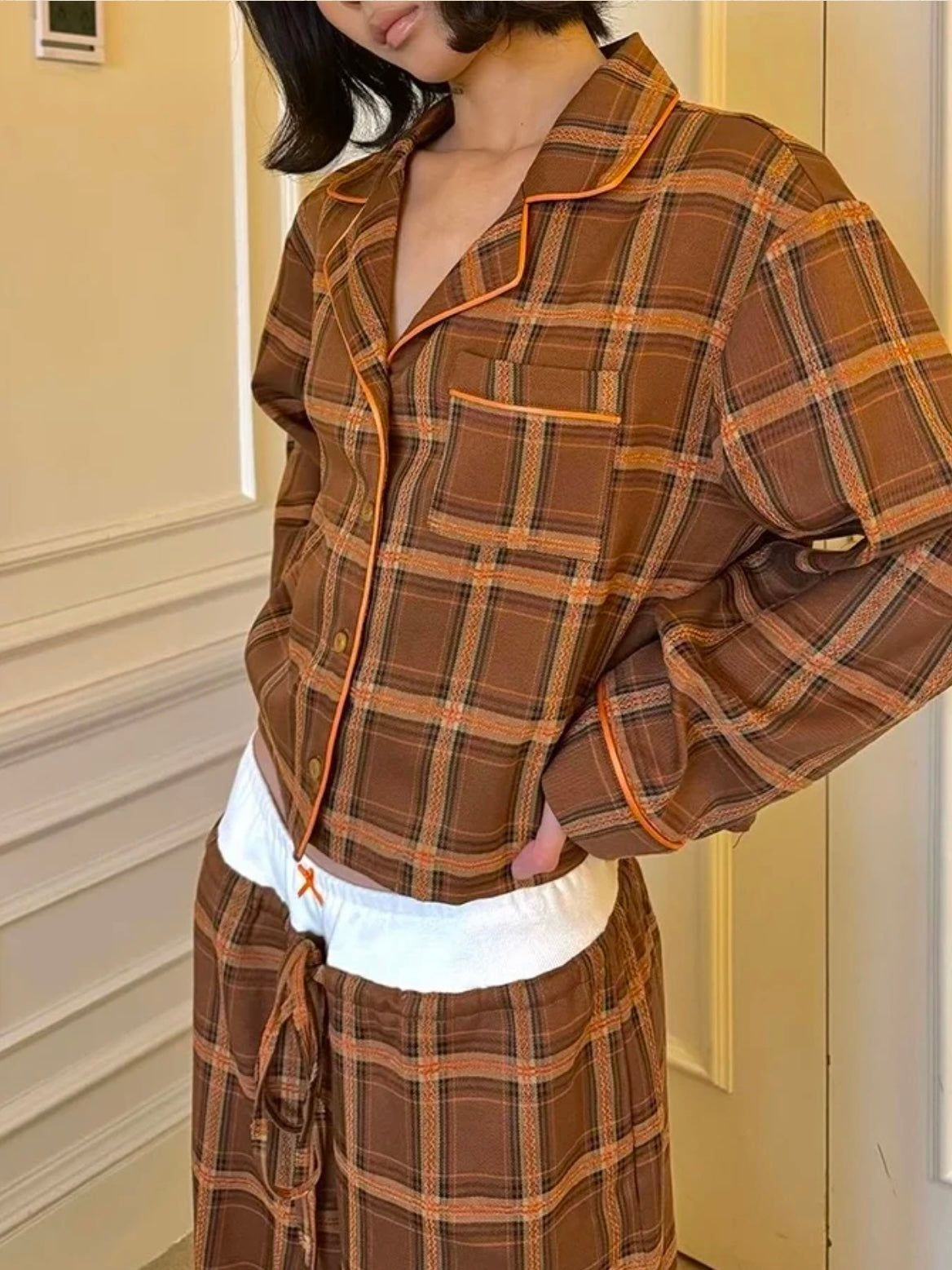 Retro Brown Checkered Pyjama Set