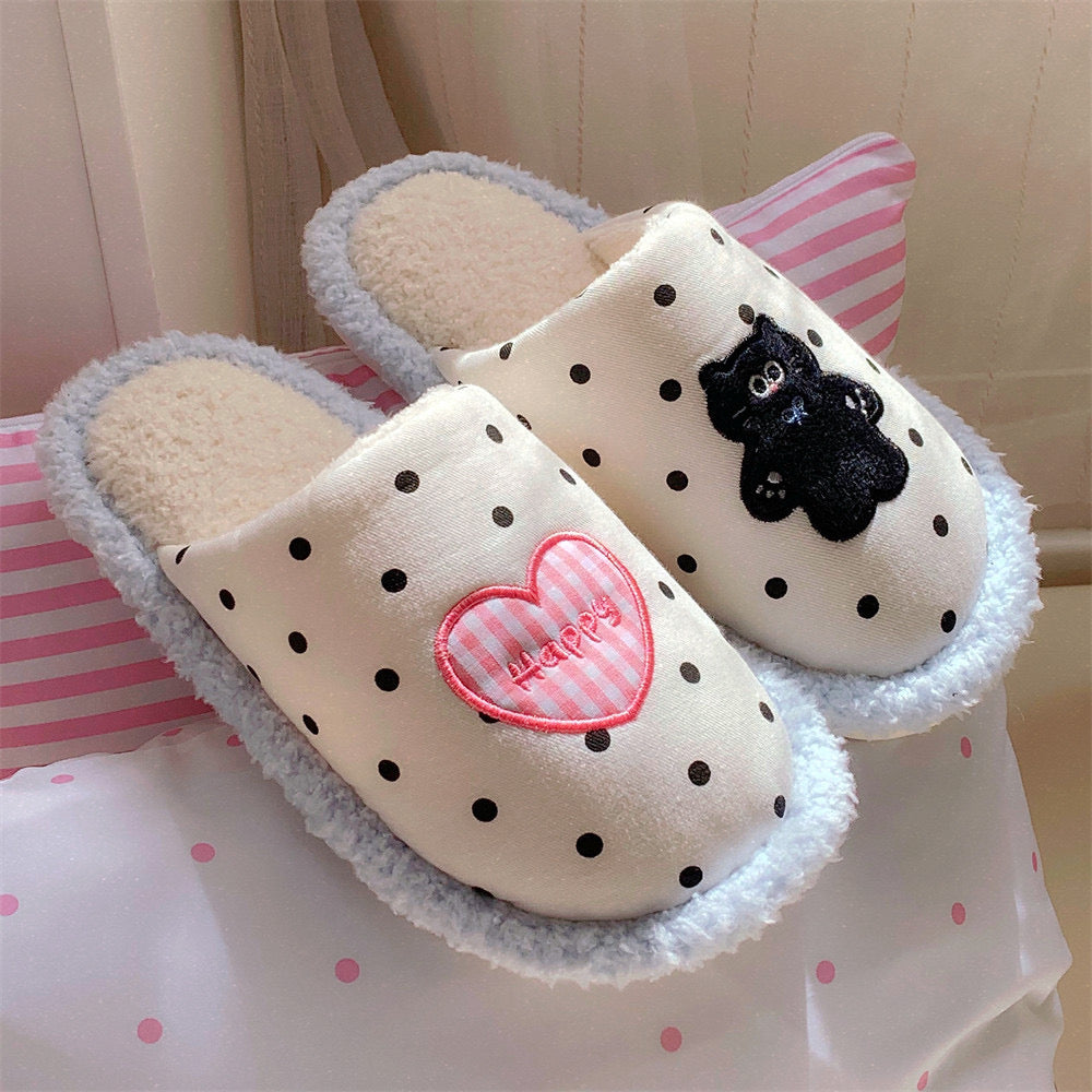 Dot-patterned Black Kitten Plush Slippers