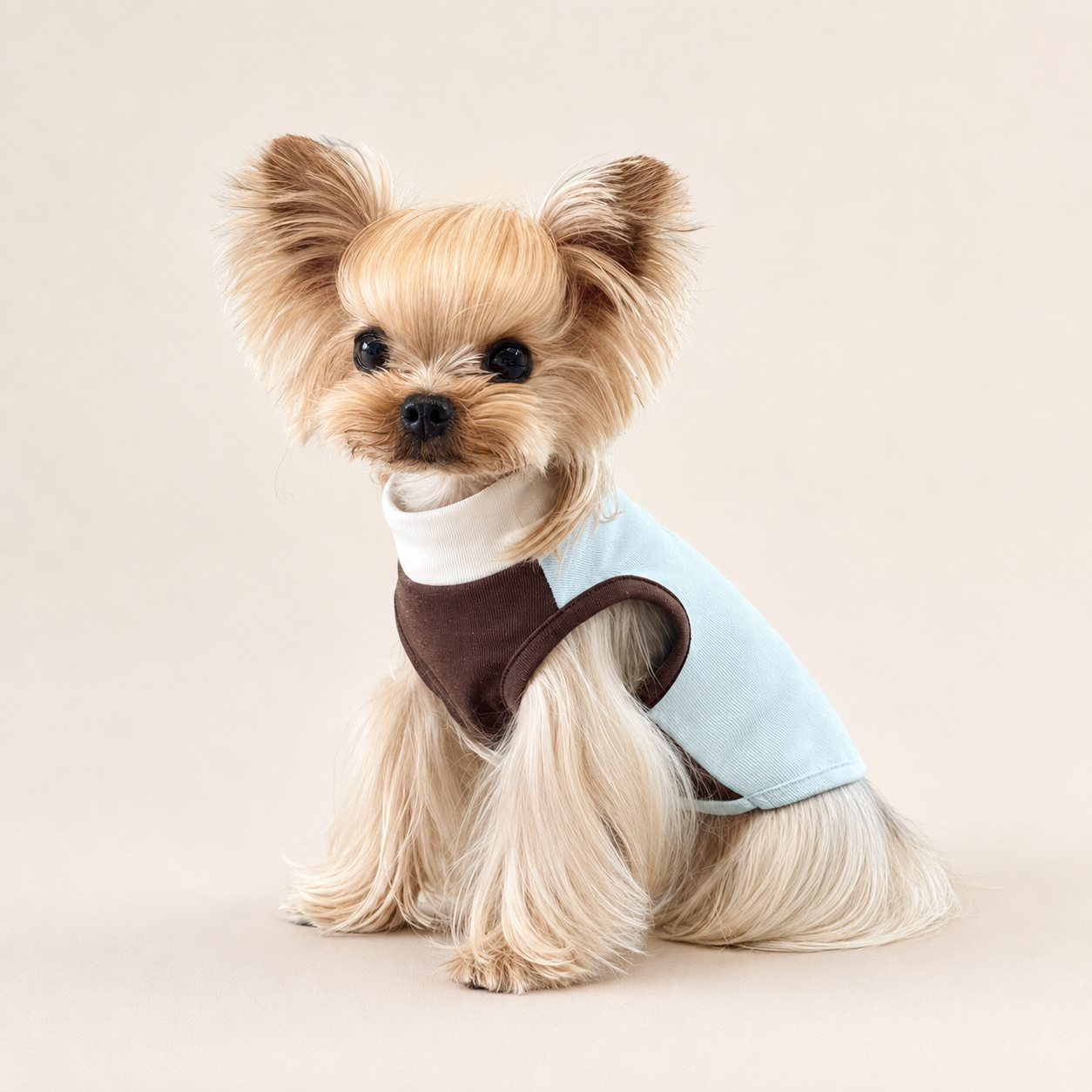 A small Yorkshire Terrier dog wearing a light blue and dark brown pet harness with a white collar, sitting against a solid beige studio background.