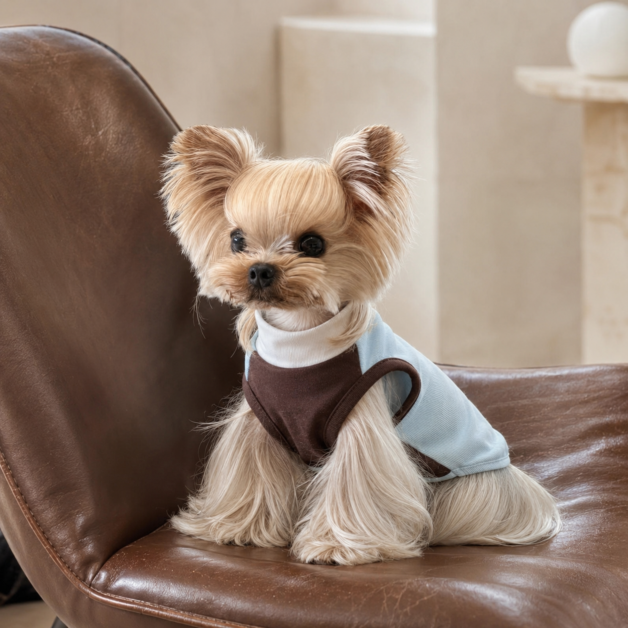A small tan and cream Yorkshire Terrier sits on a brown leather chair wearing a pet sweater with a light blue body, dark brown sleeves, and a white collar.