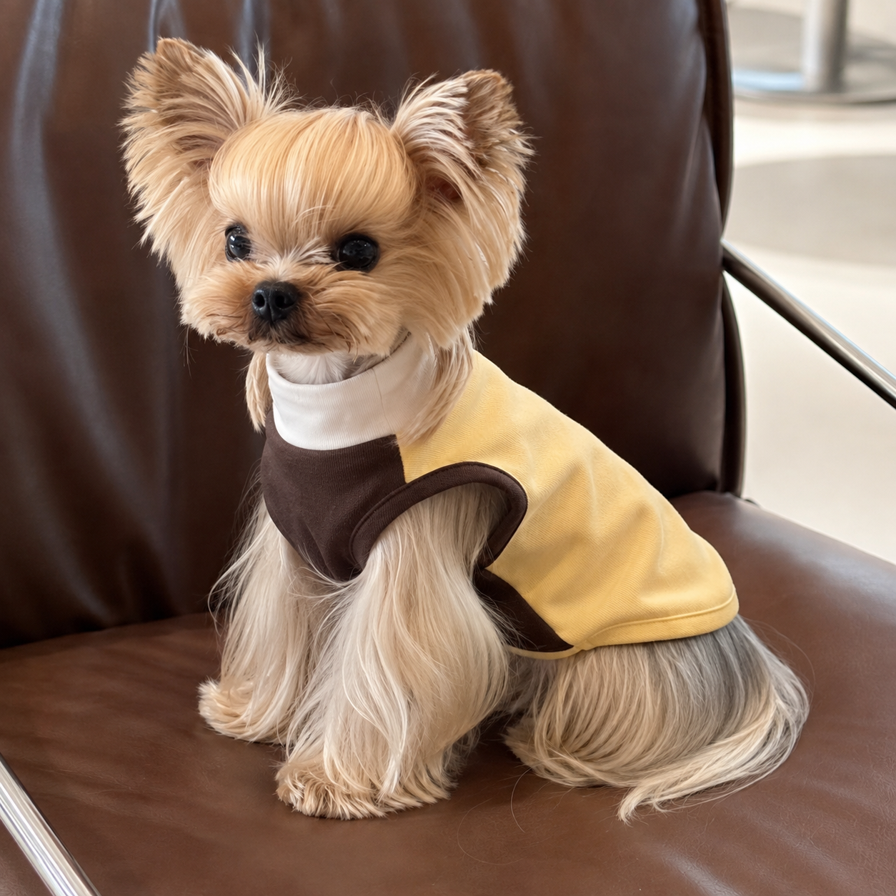 Front view of the pale yellow and dark brown Siesta Sleeveless Shirt laid flat.