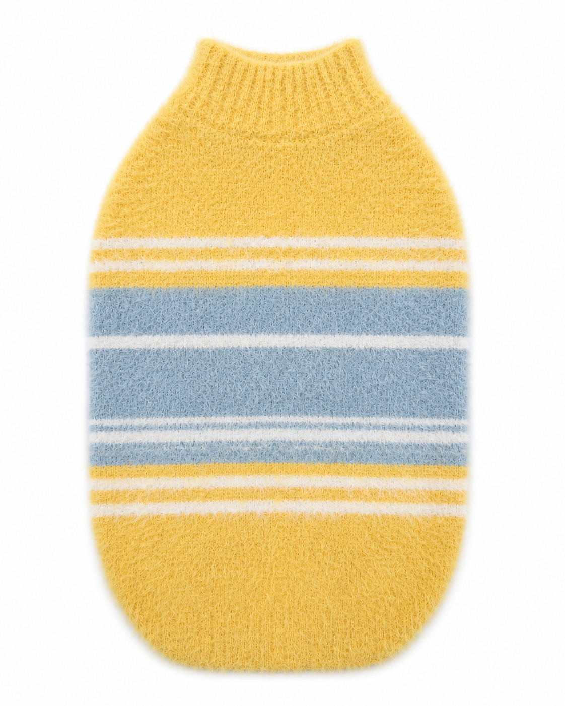 Yellow dog sweater with blue and white striped bands across the body